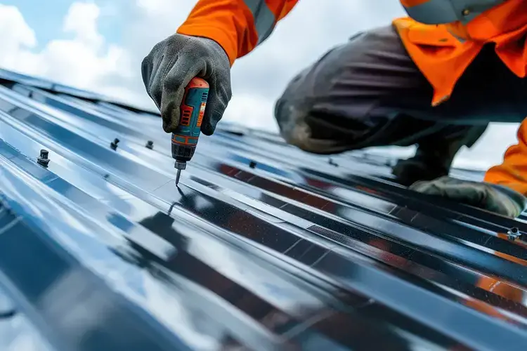 Maintenance working repairs tin roof